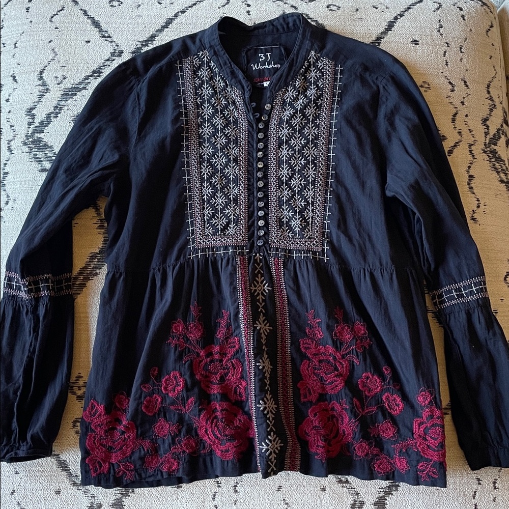 Johnny Was 3J Workshop Embroidered Floral Roses Boho Cotton Blouse Tunic, Size L